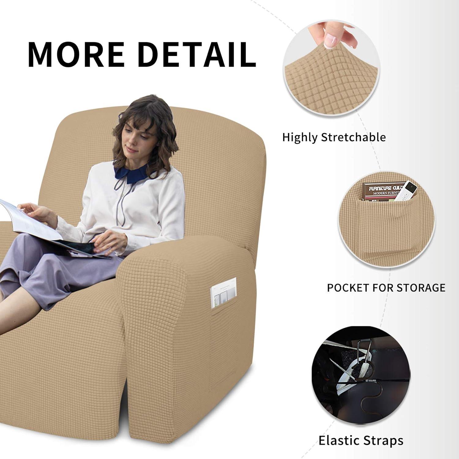 image:imageEasyGoing 8 Pieces Recliner Sofa Stretch Sofa Slipcover Sofa Cover Furniture Protector Couch Soft with Elastic Bottom Kids Spandex Jacquard Fabric Small Checks Dark GraySand