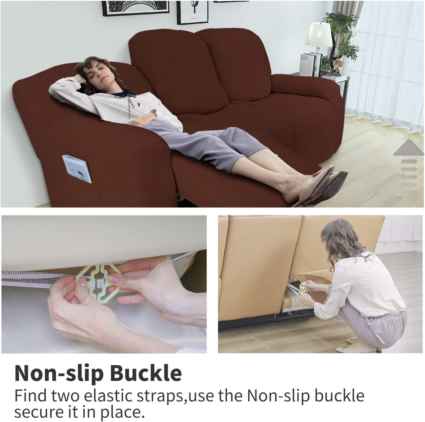 image:imageEasyGoing 8 Pieces Recliner Sofa Stretch Sofa Slipcover Sofa Cover Furniture Protector Couch Soft with Elastic Bottom Kids Spandex Jacquard Fabric Small Checks Dark GrayCoffee