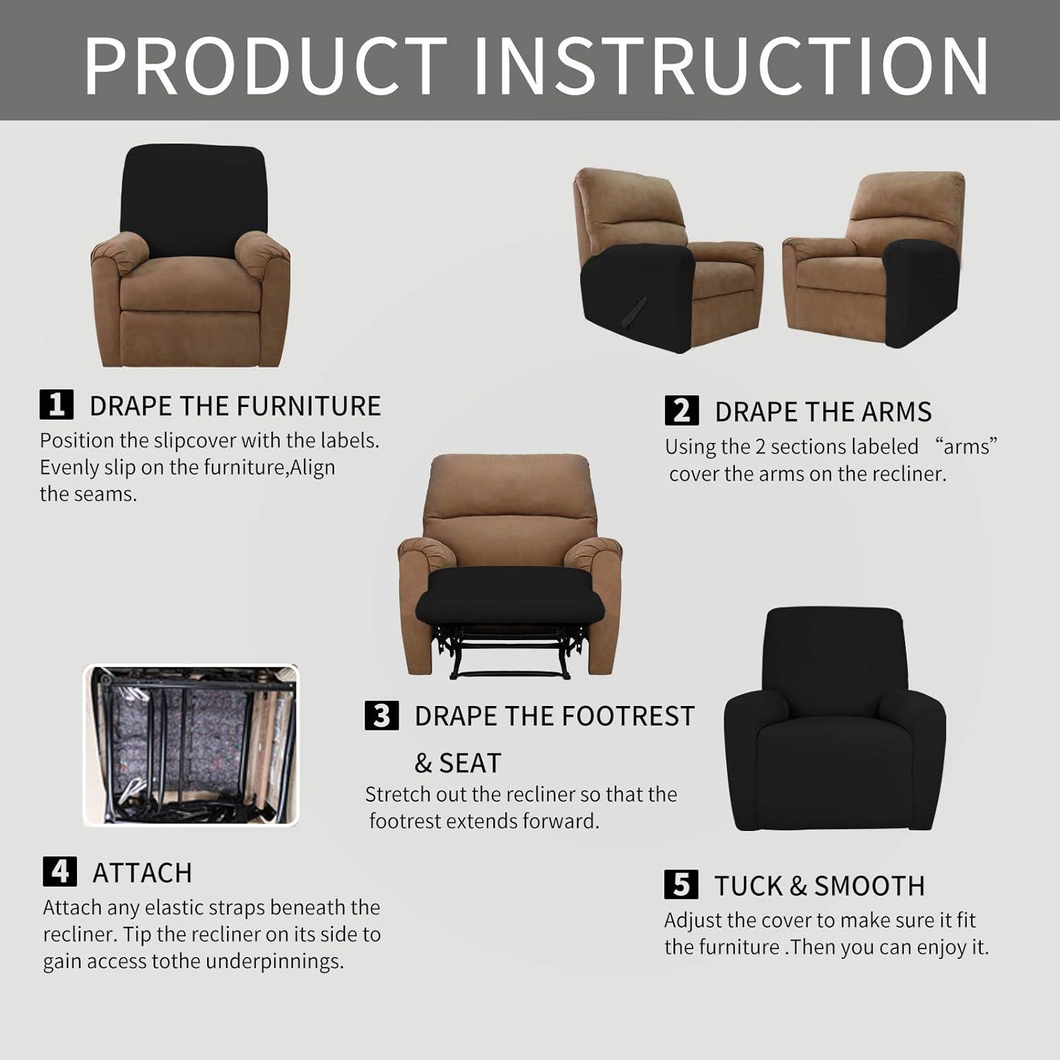 image:imageEasyGoing 8 Pieces Recliner Sofa Stretch Sofa Slipcover Sofa Cover Furniture Protector Couch Soft with Elastic Bottom Kids Spandex Jacquard Fabric Small Checks Dark GrayBlack