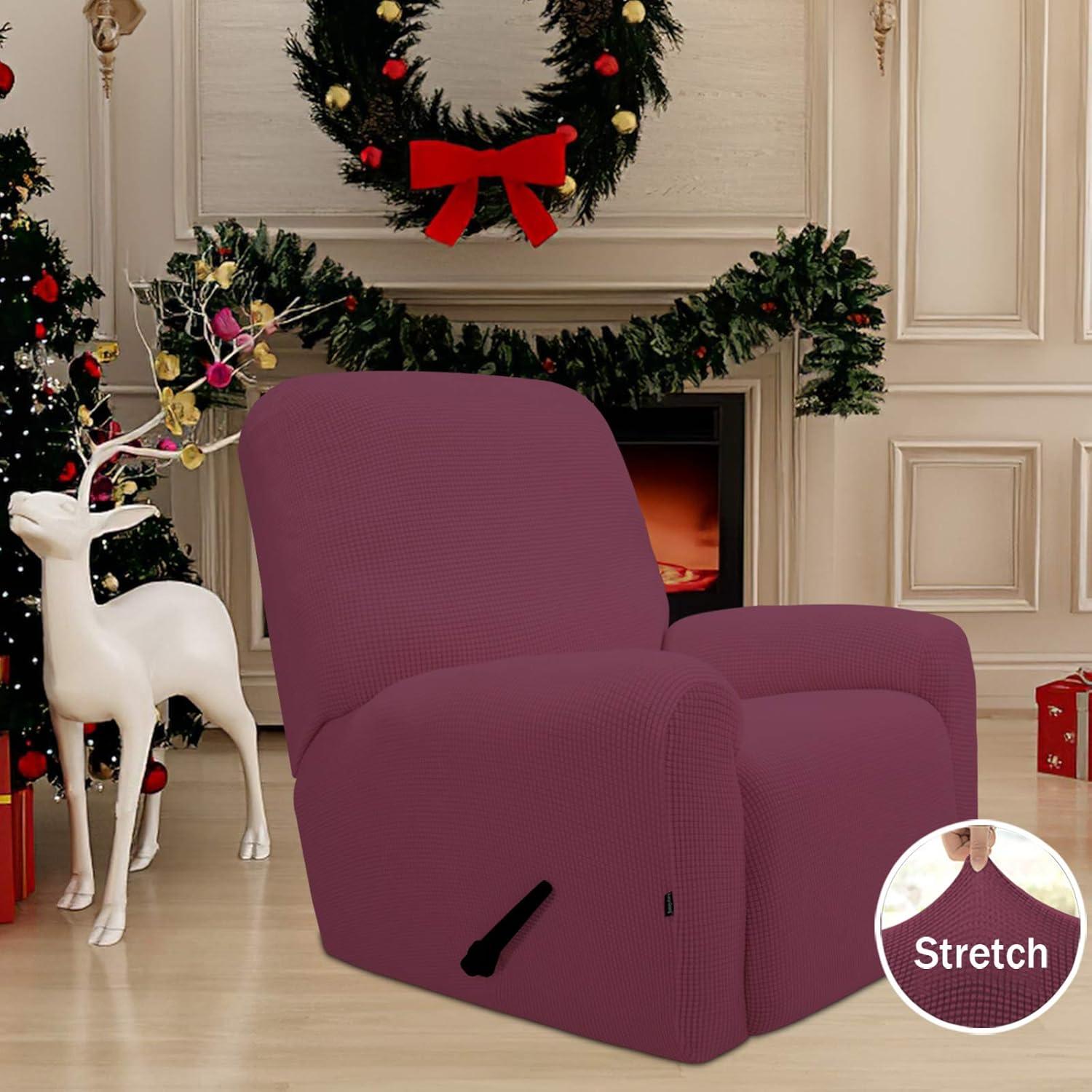 image:imageEasyGoing 8 Pieces Recliner Sofa Stretch Sofa Slipcover Sofa Cover Furniture Protector Couch Soft with Elastic Bottom Kids Spandex Jacquard Fabric Small Checks Dark GrayAsh Rose