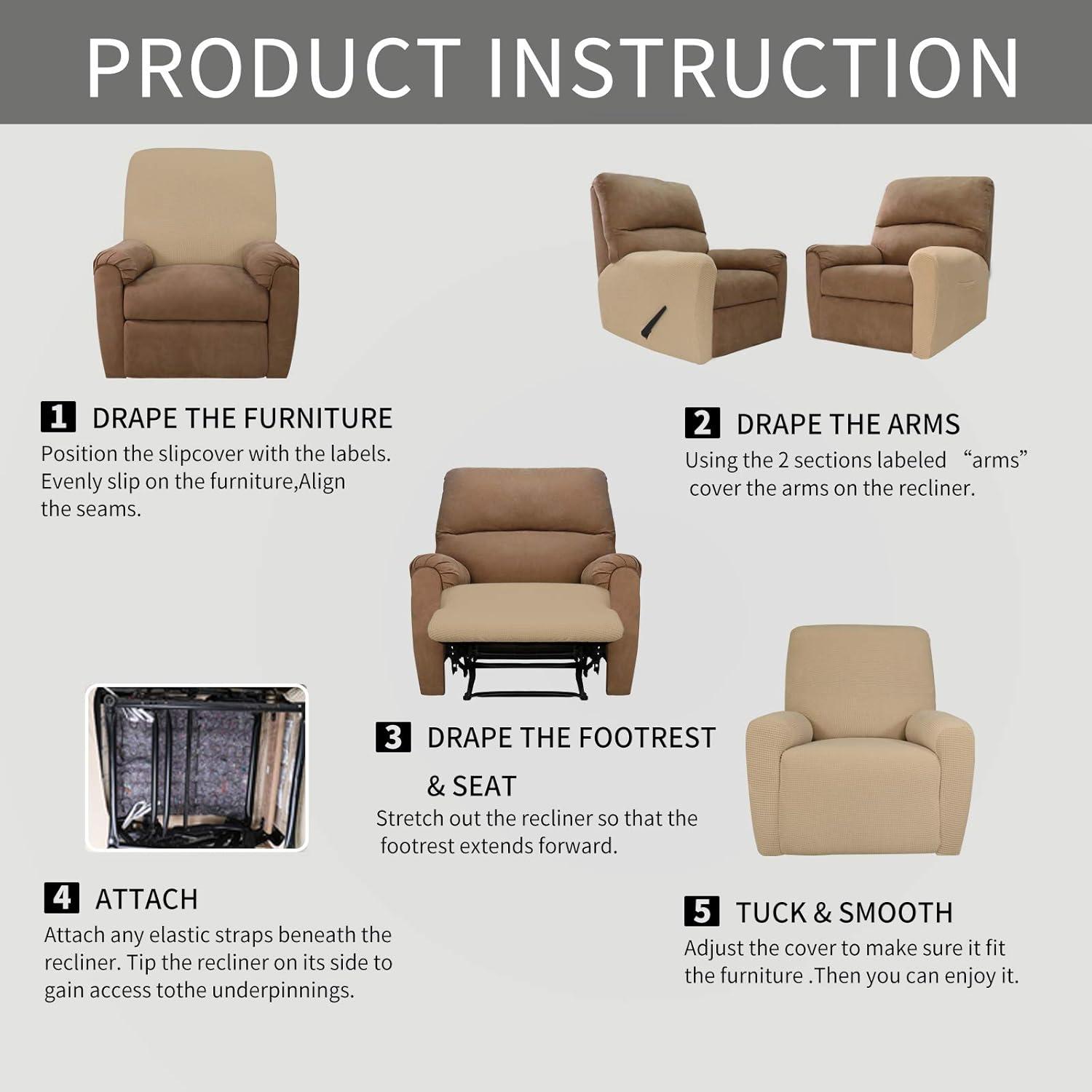 image:imageEasyGoing 8 Pieces Recliner Sofa Stretch Sofa Slipcover Sofa Cover Furniture Protector Couch Soft with Elastic Bottom Kids Spandex Jacquard Fabric Small Checks Dark GraySand