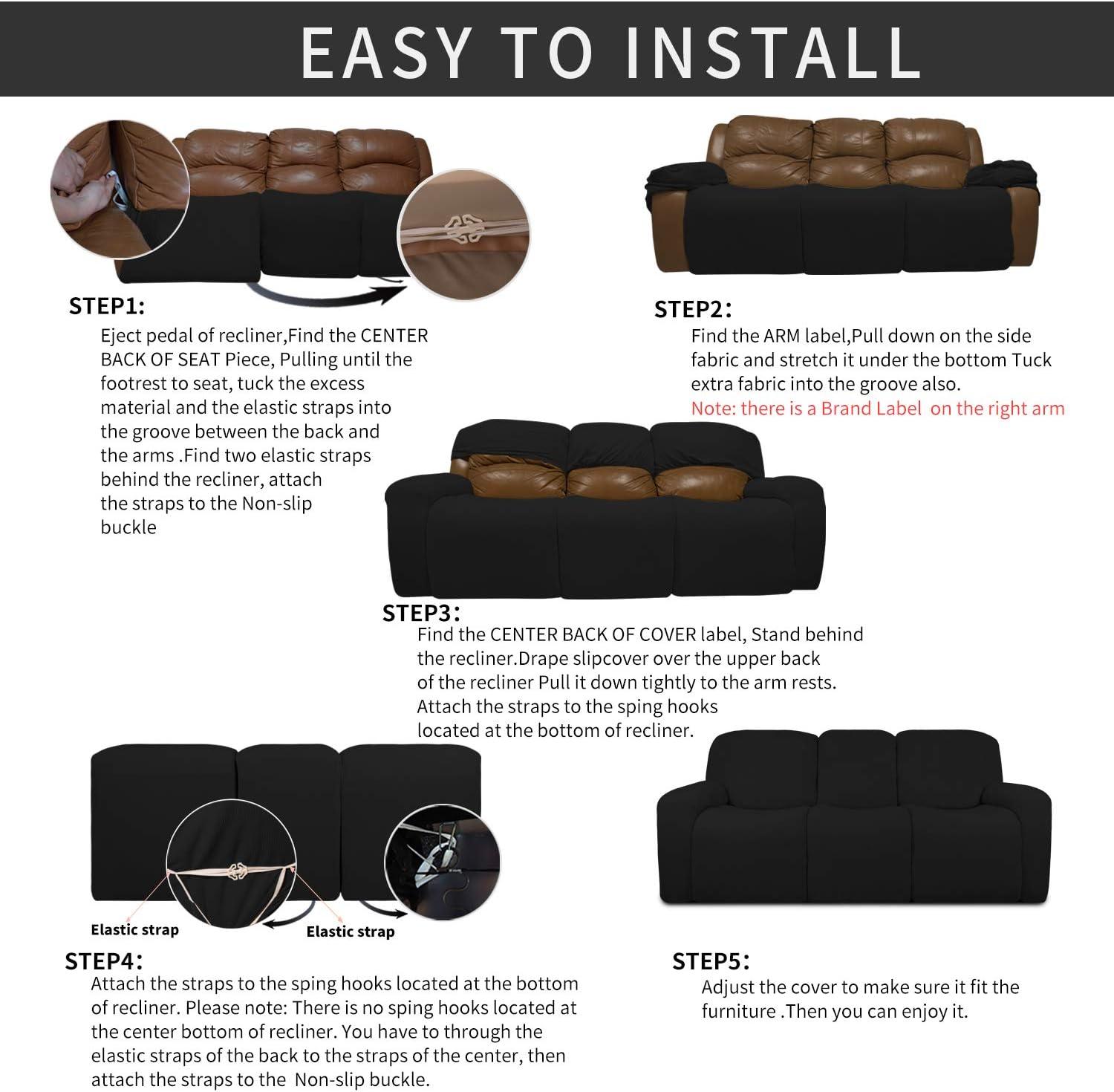 image:imageEasyGoing 8 Pieces Recliner Sofa Stretch Sofa Slipcover Sofa Cover Furniture Protector Couch Soft with Elastic Bottom Kids Spandex Jacquard Fabric Small Checks Dark GrayBlack
