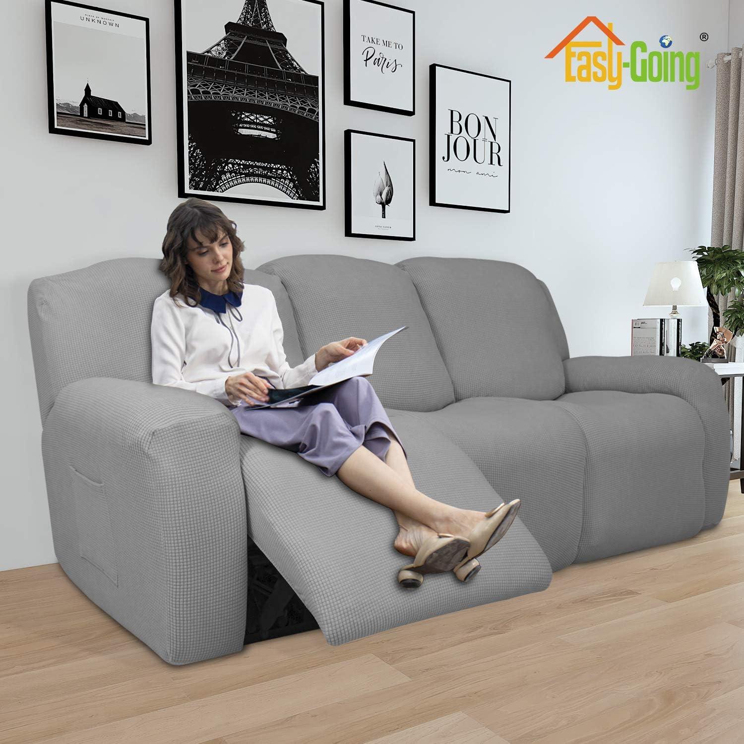 image:imageEasyGoing 8 Pieces Recliner Sofa Stretch Sofa Slipcover Sofa Cover Furniture Protector Couch Soft with Elastic Bottom Kids Spandex Jacquard Fabric Small Checks Dark GrayLight Gray