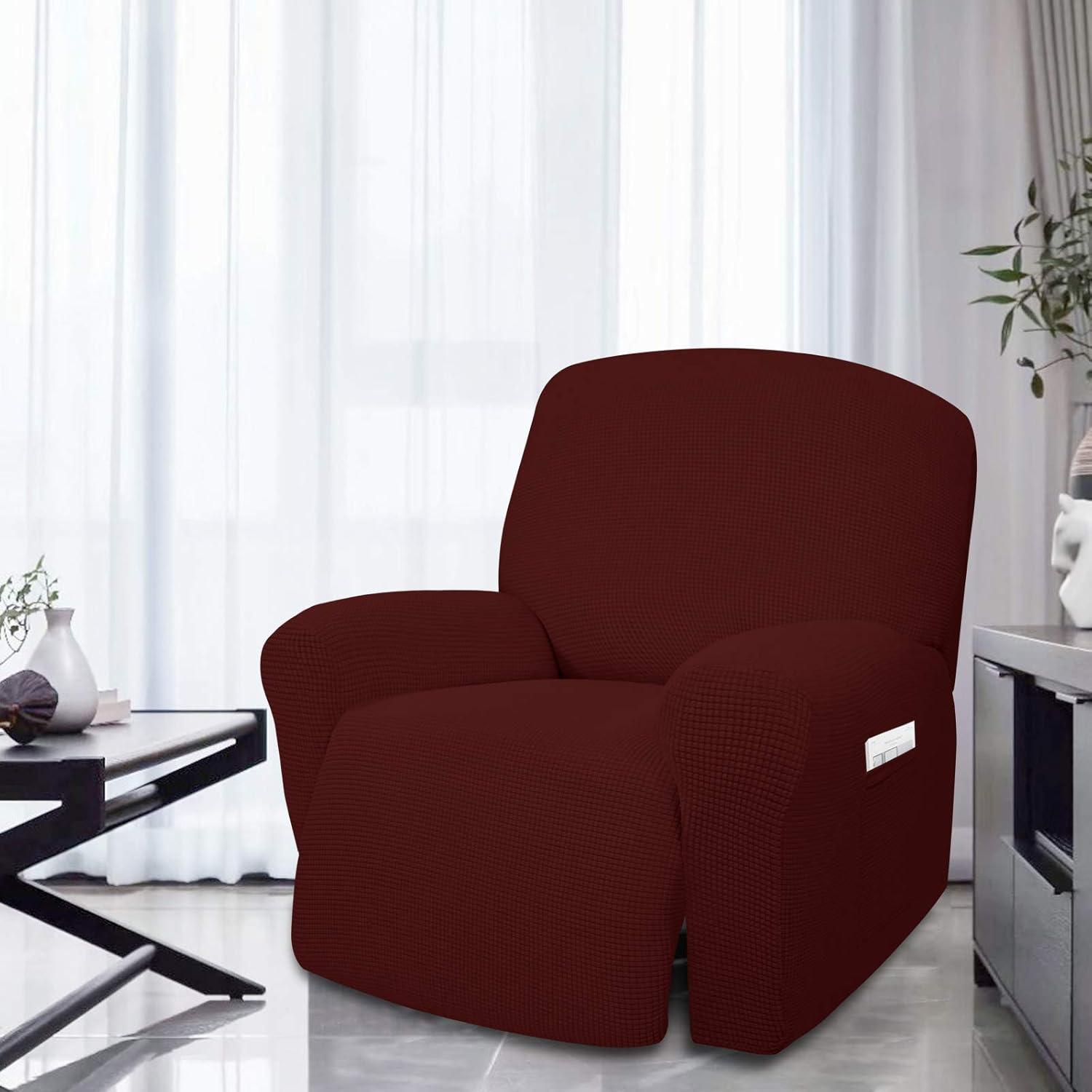image:imageEasyGoing 8 Pieces Recliner Sofa Stretch Sofa Slipcover Sofa Cover Furniture Protector Couch Soft with Elastic Bottom Kids Spandex Jacquard Fabric Small Checks Dark GrayWine