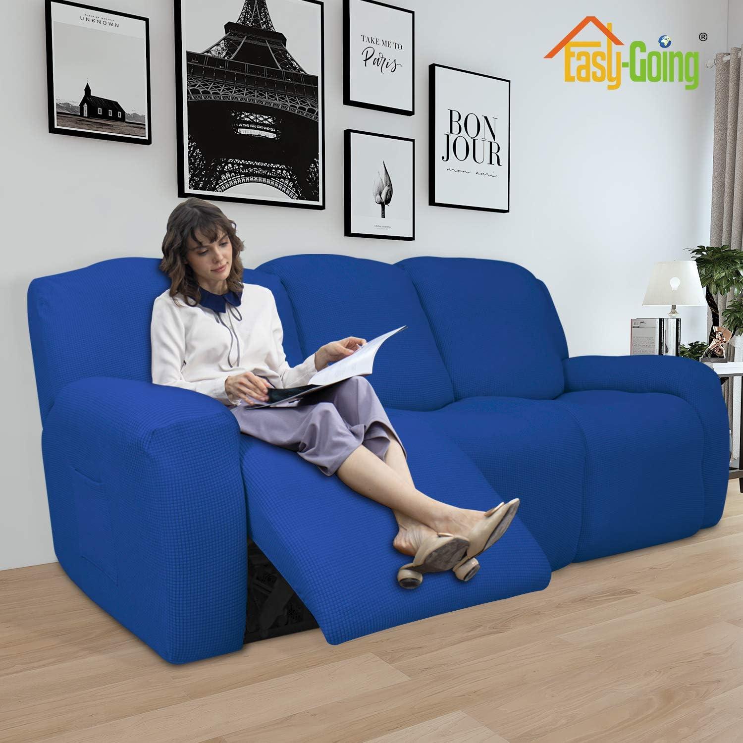 image:imageEasyGoing 8 Pieces Recliner Sofa Stretch Sofa Slipcover Sofa Cover Furniture Protector Couch Soft with Elastic Bottom Kids Spandex Jacquard Fabric Small Checks Dark GrayClassic Blue