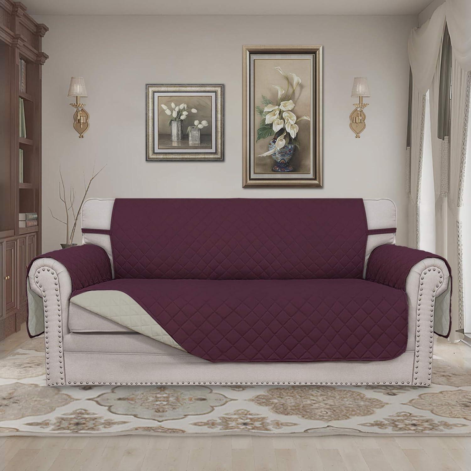 image:imageEasyGoing Reversible Oversized Couch Cover for 3 Cushion Couch Sofa Cover for Dogs Water Resistant Furniture Protector Cover with Foam Sticks for Pet Oversized Sofa GrayLight GrayWineBeige