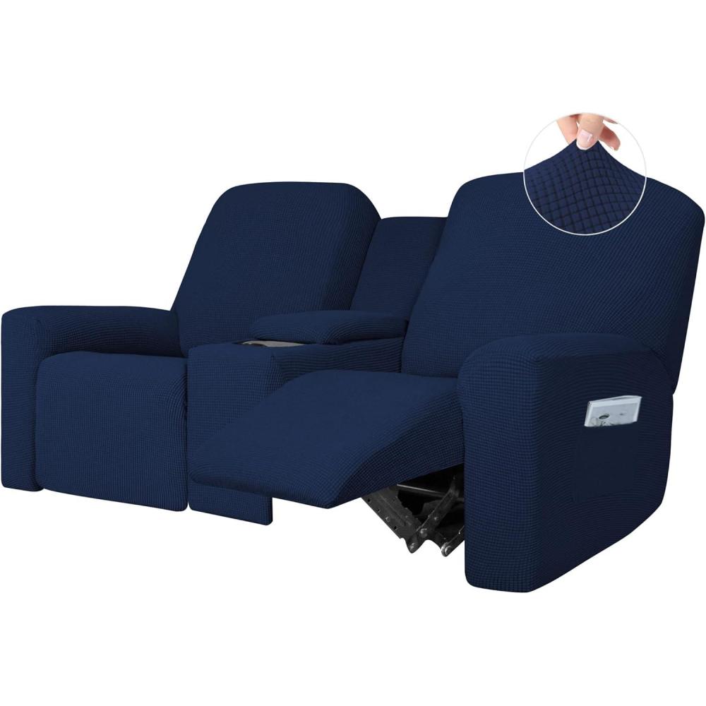 image:imageEasyGoing 1 Piece Stretch Reclining Loveseat with Middle Console Slipcover 2 Seater Loveseat Recliner Cover with Holder and Storage Recliner Couch Sofa Cover Furniture Protector Dark GrayNavy
