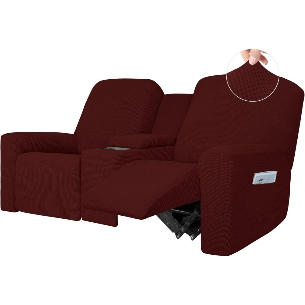 image:imageEasyGoing 1 Piece Stretch Reclining Loveseat with Middle Console Slipcover 2 Seater Loveseat Recliner Cover with Holder and Storage Recliner Couch Sofa Cover Furniture Protector Dark GrayWine
