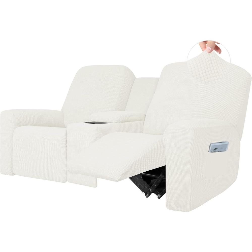 image:imageEasyGoing 1 Piece Stretch Reclining Loveseat with Middle Console Slipcover 2 Seater Loveseat Recliner Cover with Holder and Storage Recliner Couch Sofa Cover Furniture Protector Dark GrayCream
