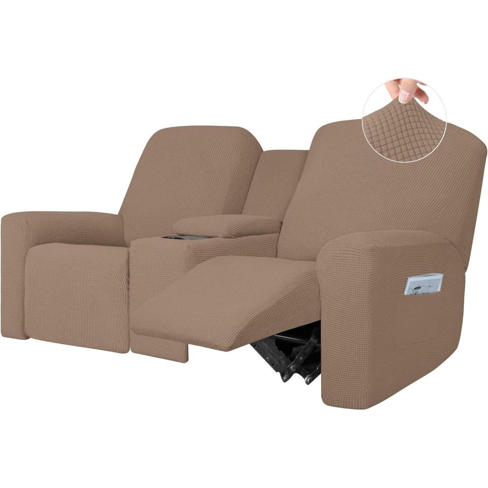 image:imageEasyGoing 1 Piece Stretch Reclining Loveseat with Middle Console Slipcover 2 Seater Loveseat Recliner Cover with Holder and Storage Recliner Couch Sofa Cover Furniture Protector Dark GrayCamel