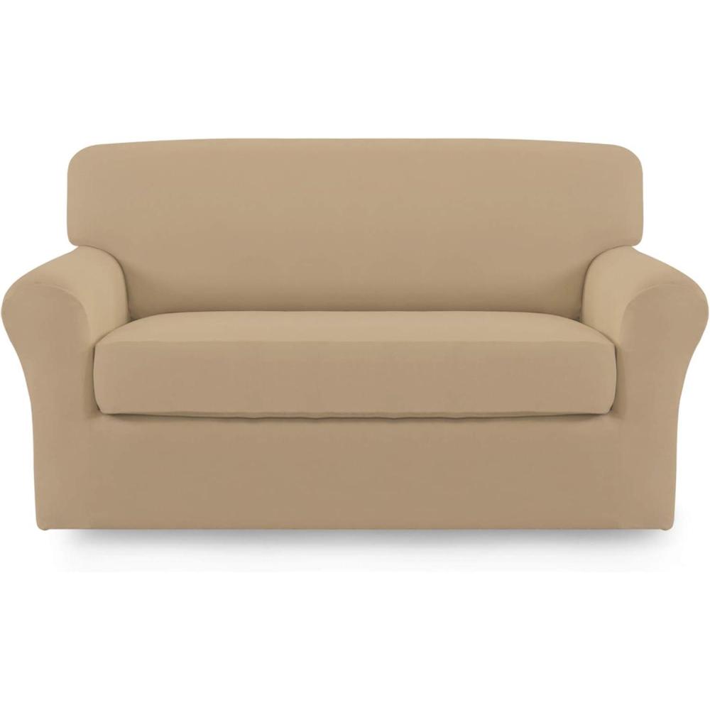 image:imageEasyGoing 2 Pieces Microfiber Stretch Sofa Slipcover Spandex Soft Fitted Sofa Couch Cover Washable Furniture Protector with Elastic Bottom KidsPet Oversized Sofa Light GrayPaleyellow