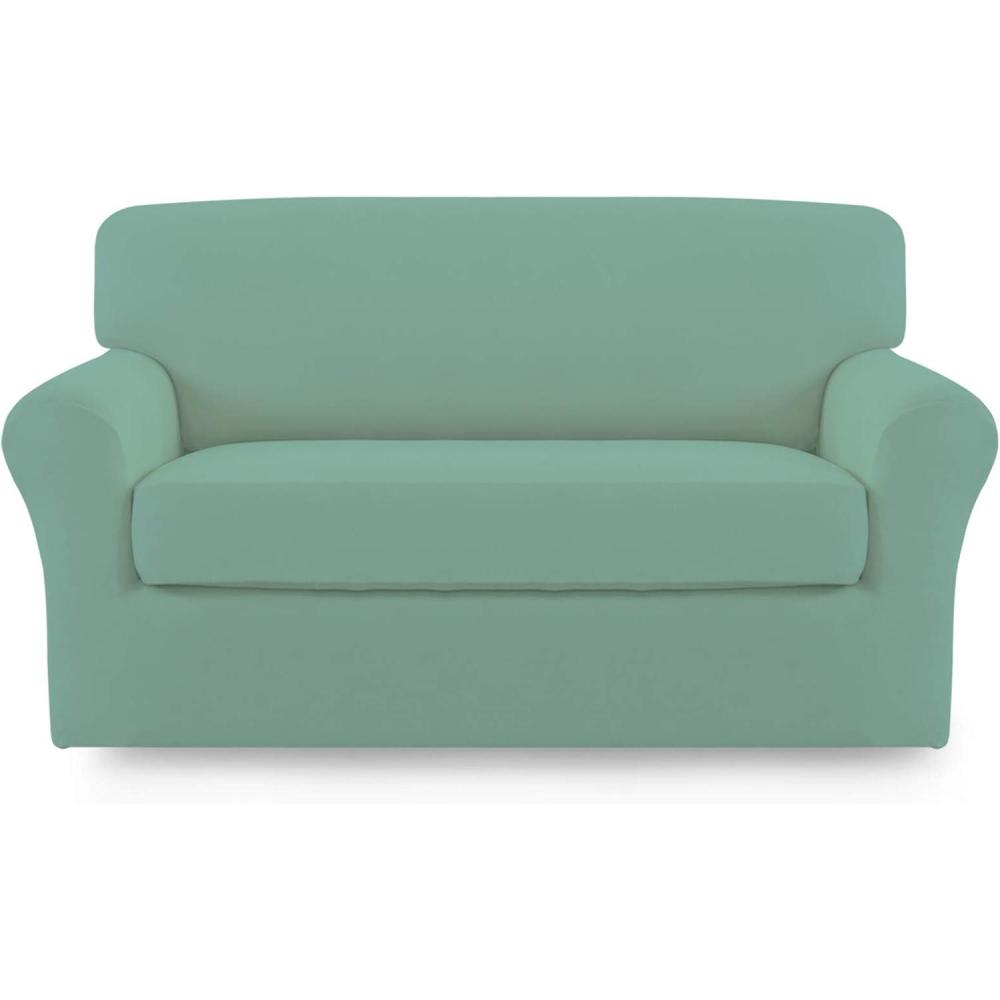 image:imageEasyGoing 2 Pieces Microfiber Stretch Sofa Slipcover Spandex Soft Fitted Sofa Couch Cover Washable Furniture Protector with Elastic Bottom KidsPet Oversized Sofa Light GrayCyan