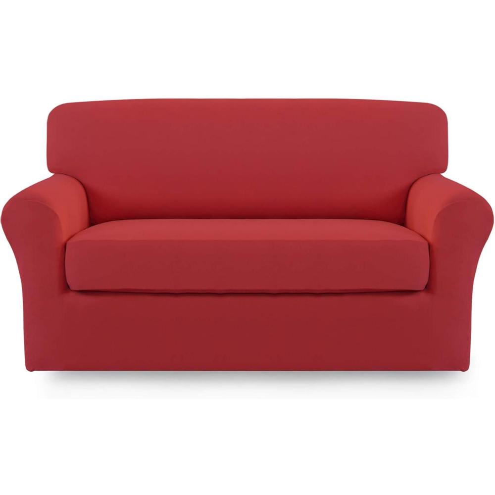 image:imageEasyGoing 2 Pieces Microfiber Stretch Sofa Slipcover Spandex Soft Fitted Sofa Couch Cover Washable Furniture Protector with Elastic Bottom KidsPet Oversized Sofa Light GrayChristmasred