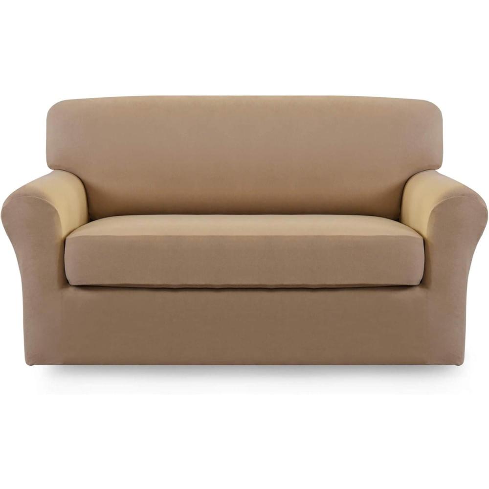image:imageEasyGoing 2 Pieces Microfiber Stretch Sofa Slipcover Spandex Soft Fitted Sofa Couch Cover Washable Furniture Protector with Elastic Bottom KidsPet Oversized Sofa Dark GrayCamel