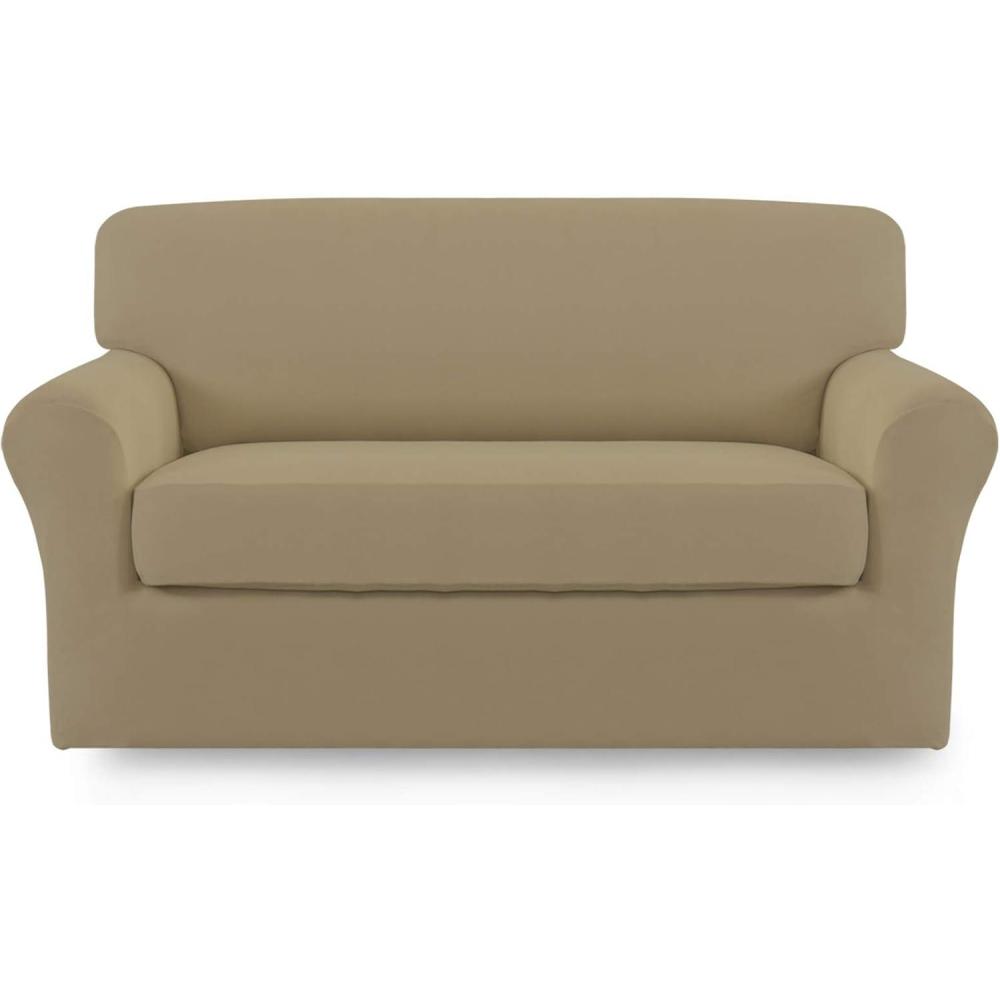 image:imageEasyGoing 2 Pieces Microfiber Stretch Sofa Slipcover Spandex Soft Fitted Sofa Couch Cover Washable Furniture Protector with Elastic Bottom KidsPet Oversized Sofa Dark GrayTan