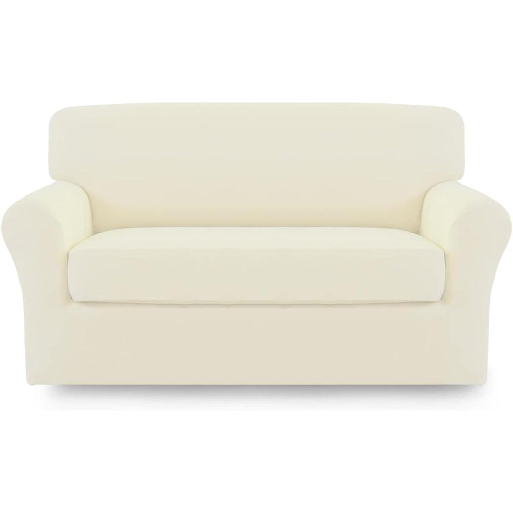 image:imageEasyGoing 2 Pieces Microfiber Stretch Sofa Slipcover Spandex Soft Fitted Sofa Couch Cover Washable Furniture Protector with Elastic Bottom KidsPet Oversized Sofa Light GrayIvory