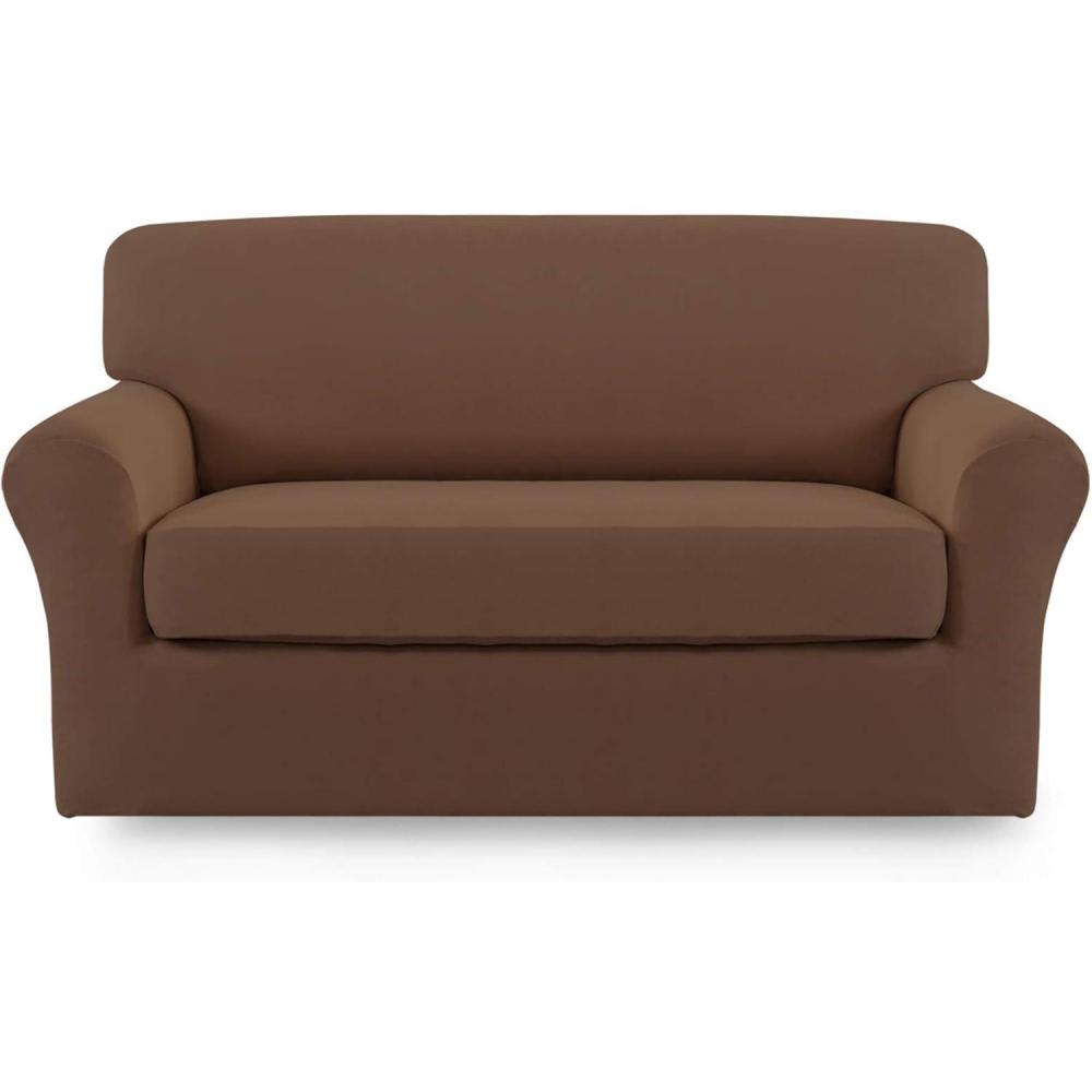 image:imageEasyGoing 2 Pieces Microfiber Stretch Sofa Slipcover Spandex Soft Fitted Sofa Couch Cover Washable Furniture Protector with Elastic Bottom KidsPet Oversized Sofa Light GrayBrown