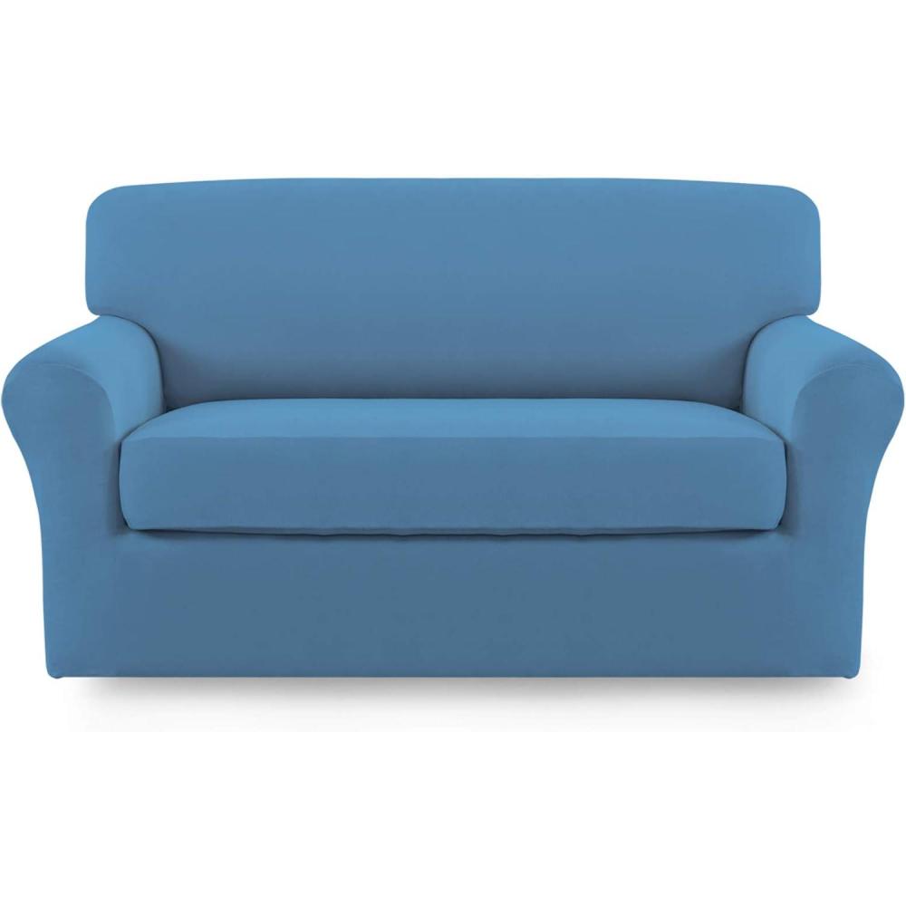 image:imageEasyGoing 2 Pieces Microfiber Stretch Sofa Slipcover Spandex Soft Fitted Sofa Couch Cover Washable Furniture Protector with Elastic Bottom KidsPet Oversized Sofa Dark GrayLightblue