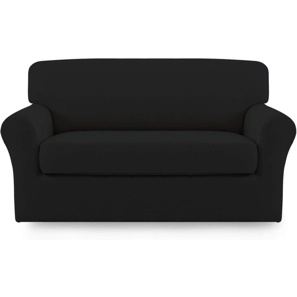 image:imageEasyGoing 2 Pieces Microfiber Stretch Sofa Slipcover Spandex Soft Fitted Sofa Couch Cover Washable Furniture Protector with Elastic Bottom KidsPet Oversized Sofa Light GrayBlack