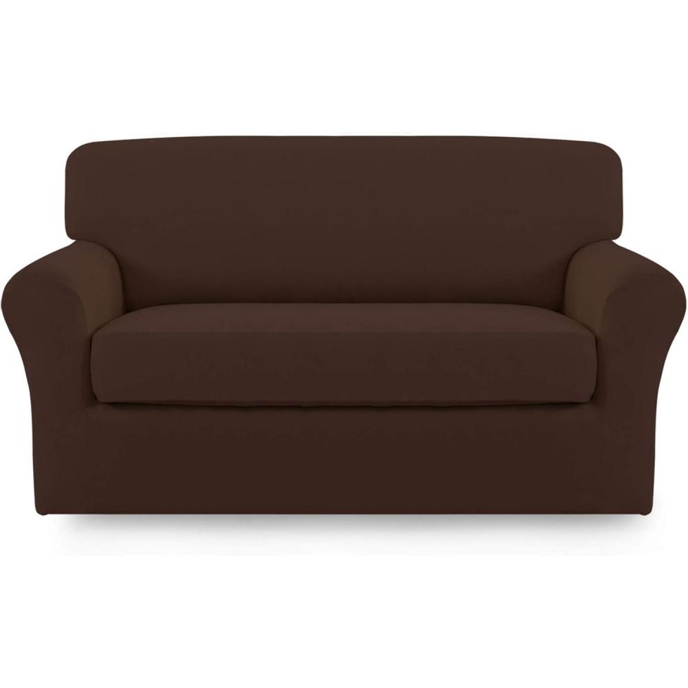 image:imageEasyGoing 2 Pieces Microfiber Stretch Sofa Slipcover Spandex Soft Fitted Sofa Couch Cover Washable Furniture Protector with Elastic Bottom KidsPet Oversized Sofa Light GrayCoffee