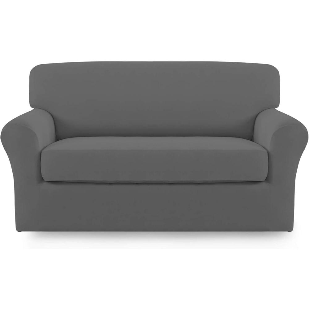 image:imageEasyGoing 2 Pieces Microfiber Stretch Sofa Slipcover Spandex Soft Fitted Sofa Couch Cover Washable Furniture Protector with Elastic Bottom KidsPet Oversized Sofa Dark GrayGrey