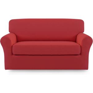 Easy-Going 2 Pieces Microfiber Stretch Sofa Slipcover – Spandex Soft Fitted Sofa Couch Cover, Washable Furniture Protector with Elastic Bottom Kids,Pet (Oversized Sofa, Dark Gray(Christmasred)