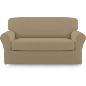 Easy-Going 2 Pieces Microfiber Stretch Sofa Slipcover – Spandex Soft Fitted Sofa Couch Cover, Washable Furniture Protector with Elastic Bottom Kids,Pet (Oversized Sofa, Dark Gray(Tan)