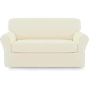 Easy-Going 2 Pieces Microfiber Stretch Sofa Slipcover – Spandex Soft Fitted Sofa Couch Cover, Washable Furniture Protector with Elastic Bottom Kids,Pet (Oversized Sofa, Light Gray)(Ivory)