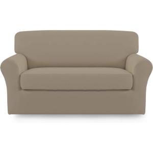 Easy-Going 2 Pieces Microfiber Stretch Sofa Slipcover – Spandex Soft Fitted Sofa Couch Cover, Washable Furniture Protector with Elastic Bottom Kids,Pet (Oversized Sofa, Light Gray)(Natural)