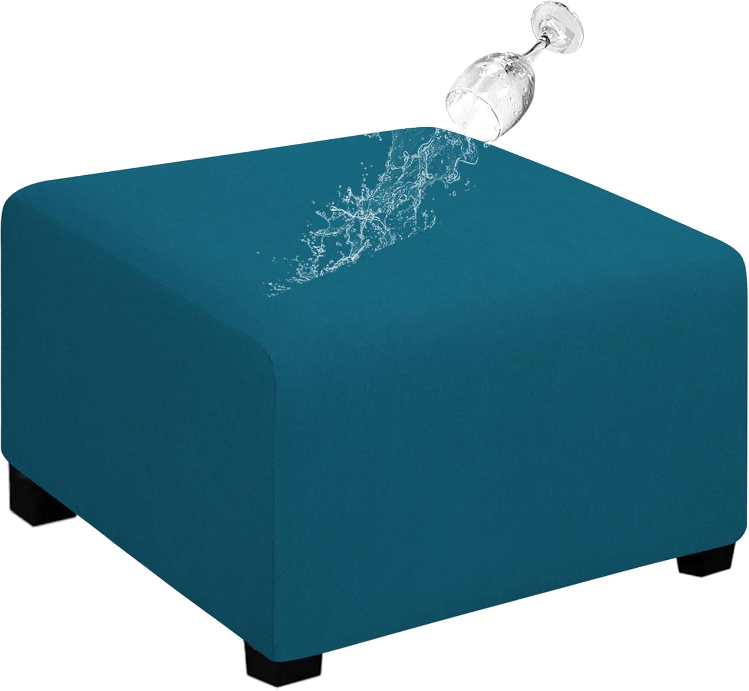 image:imageEasyGoing 100 Dual Waterproof Stretch Ottoman Cover Rectangle Folding Storage Stool Furniture Protector Soft Slipcover for Living Room with Elastic Bottom Large Dark GrayPeacock Blue
