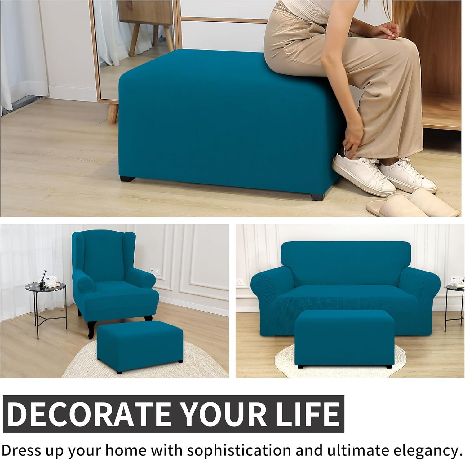 image:imageEasyGoing 100 Dual Waterproof Stretch Ottoman Cover Rectangle Folding Storage Stool Furniture Protector Soft Slipcover for Living Room with Elastic Bottom Large Dark GrayPeacock Blue