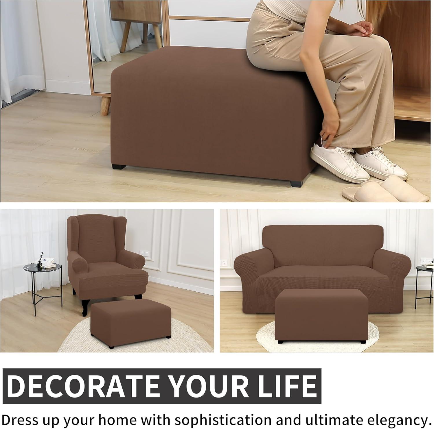 image:imageEasyGoing 100 Dual Waterproof Stretch Ottoman Cover Rectangle Folding Storage Stool Furniture Protector Soft Slipcover for Living Room with Elastic Bottom Large Dark GrayBrown