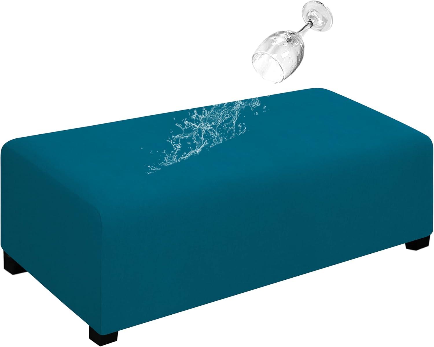 image:imageEasyGoing 100 Dual Waterproof Stretch Ottoman Cover Rectangle Folding Storage Stool Furniture Protector Soft Slipcover for Living Room with Elastic Bottom Large Dark GrayPeacock Blue