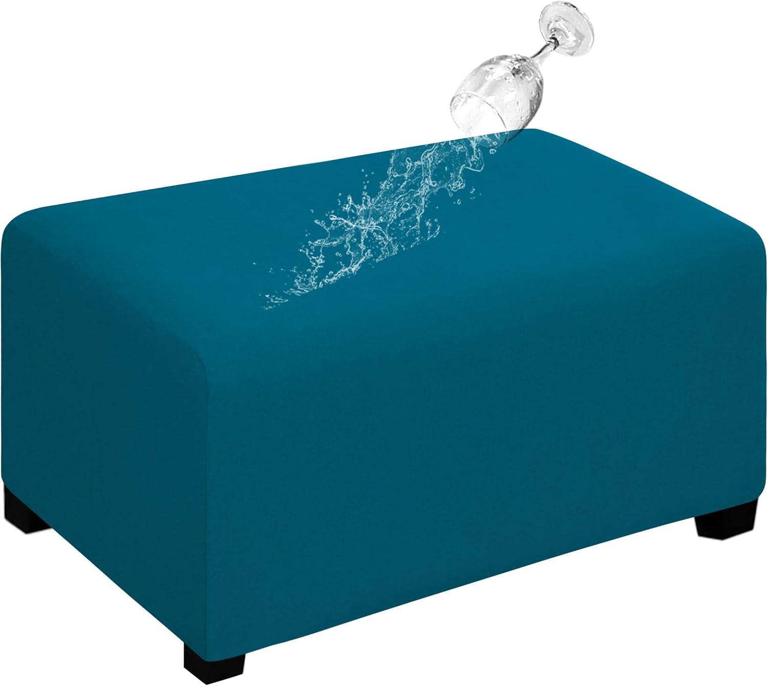 image:imageEasyGoing 100 Dual Waterproof Stretch Ottoman Cover Rectangle Folding Storage Stool Furniture Protector Soft Slipcover for Living Room with Elastic Bottom Large Dark GrayPeacock Blue