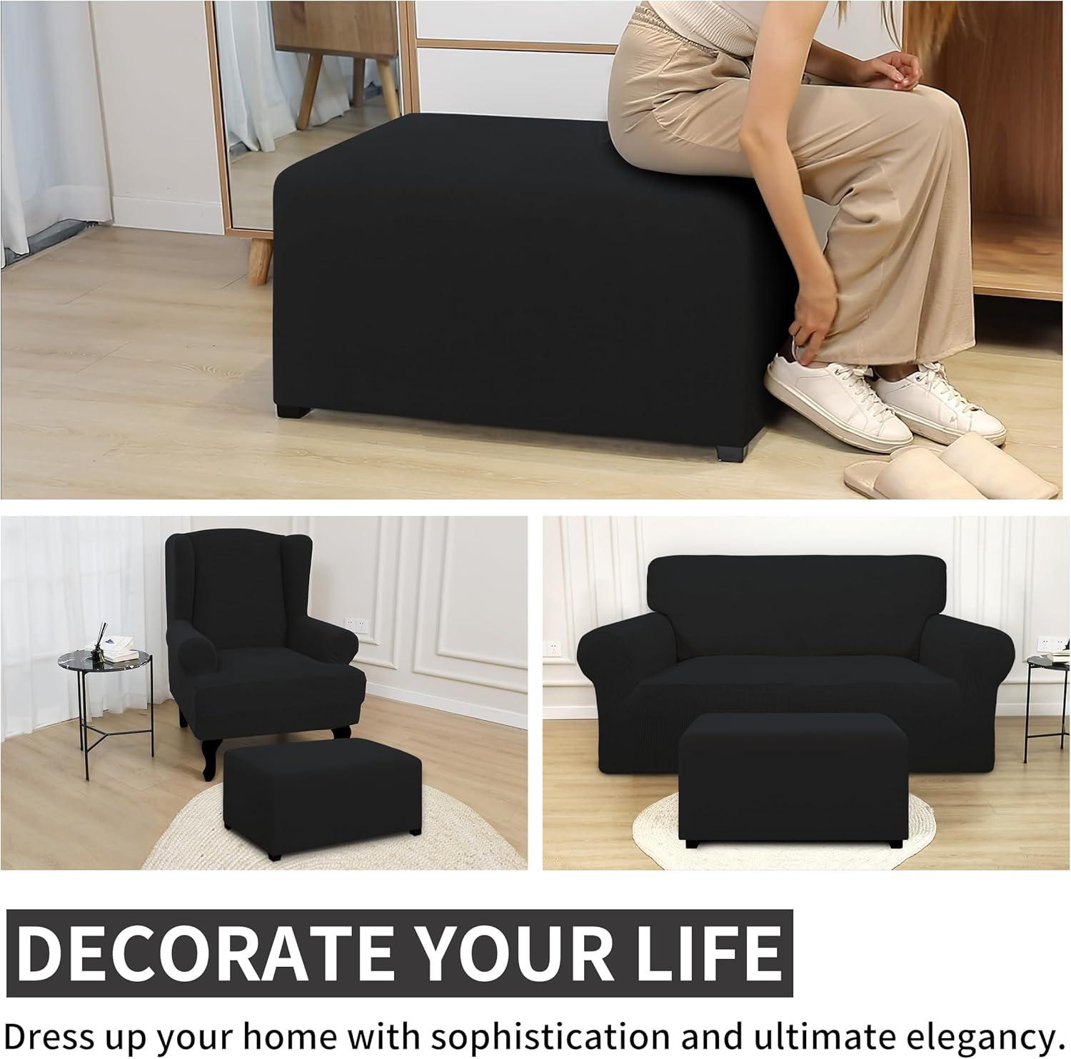 image:imageEasyGoing 100 Dual Waterproof Stretch Ottoman Cover Rectangle Folding Storage Stool Furniture Protector Soft Slipcover for Living Room with Elastic Bottom Large Dark GrayBlack