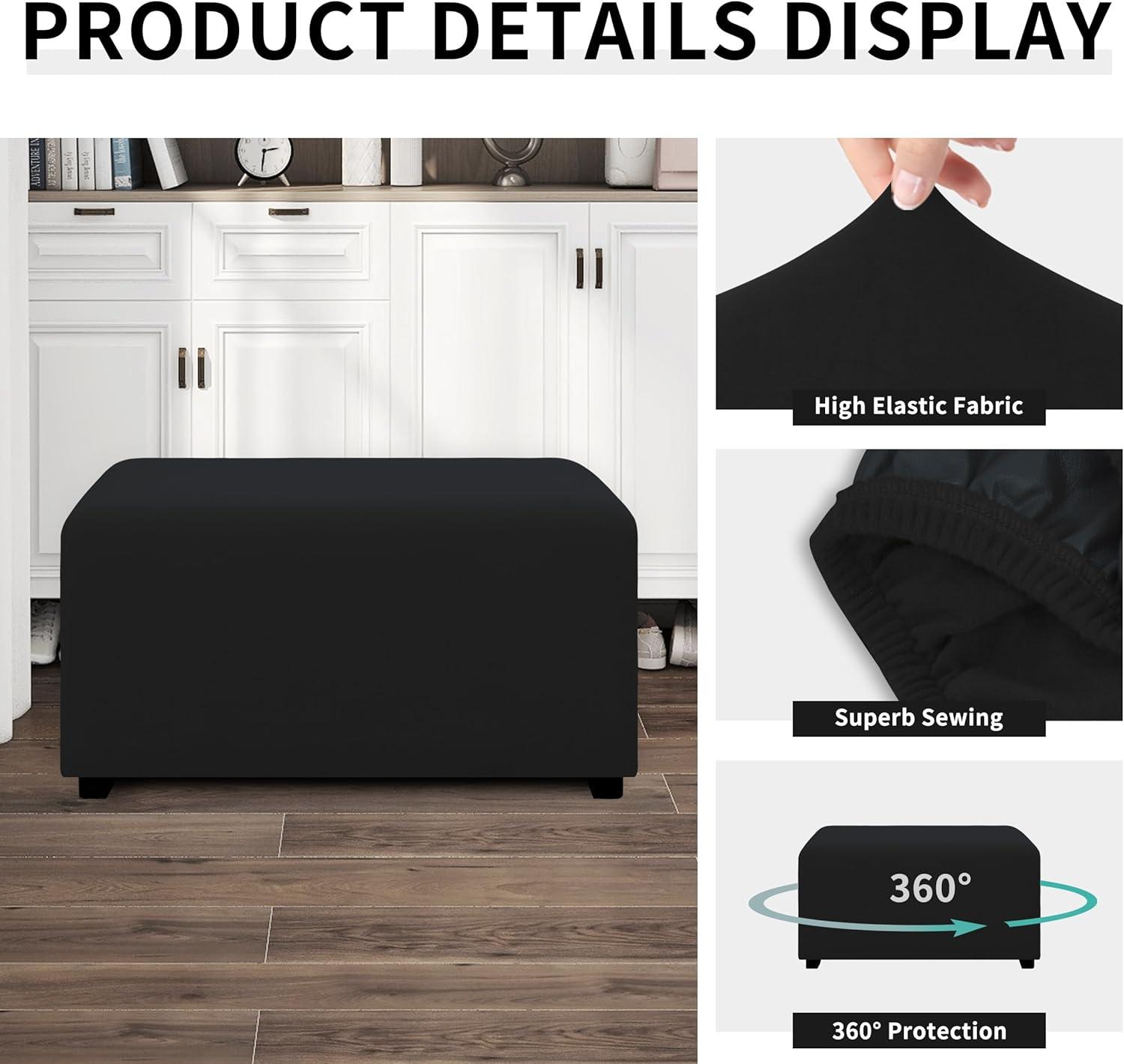 image:imageEasyGoing 100 Dual Waterproof Stretch Ottoman Cover Rectangle Folding Storage Stool Furniture Protector Soft Slipcover for Living Room with Elastic Bottom Large Dark GrayBlack