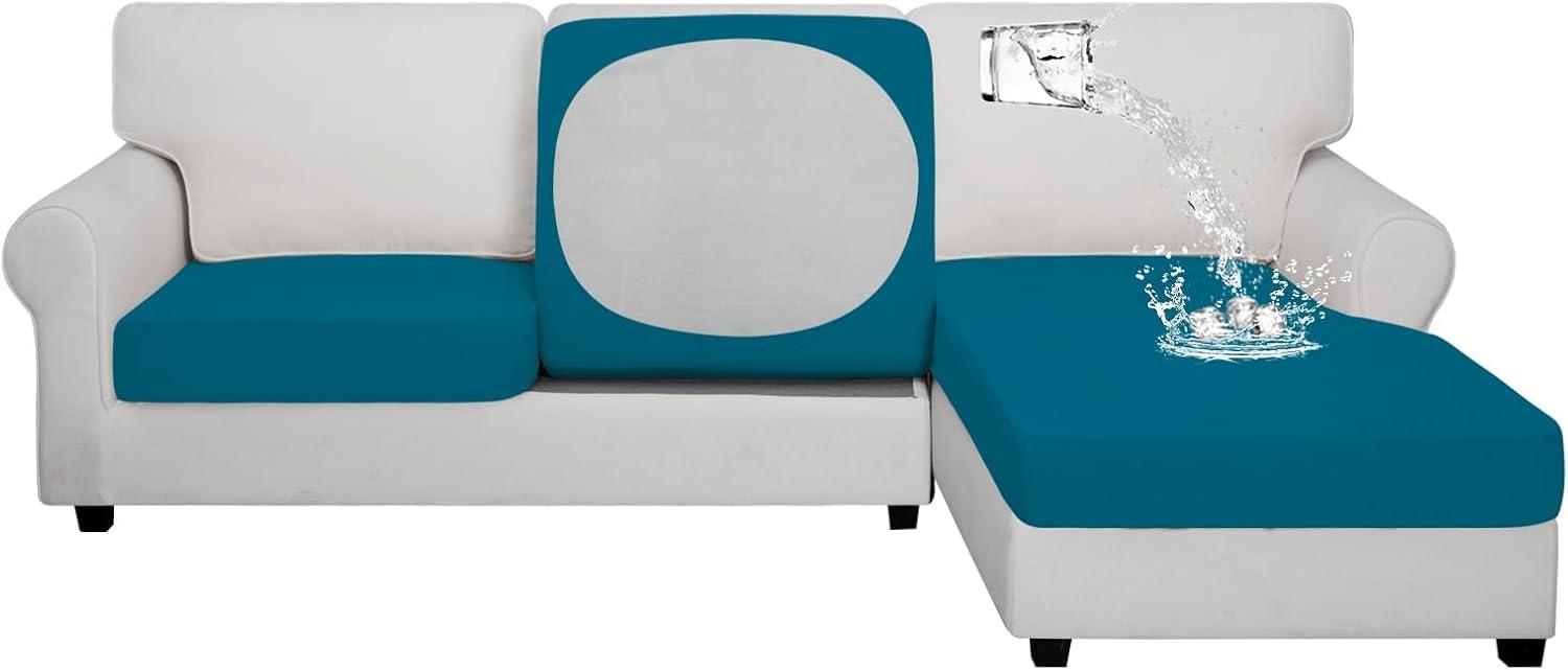 image:imageEasyGoing 100 Waterproof 4 Pieces Couch Cushion Covers for Sectional Sofa LeftRight L Shape Chaise Lounge Sofa Seat slipcover AntiSlip Sofa Cover 3 Seater 1 Chaise Dark GrayPeacock Blue
