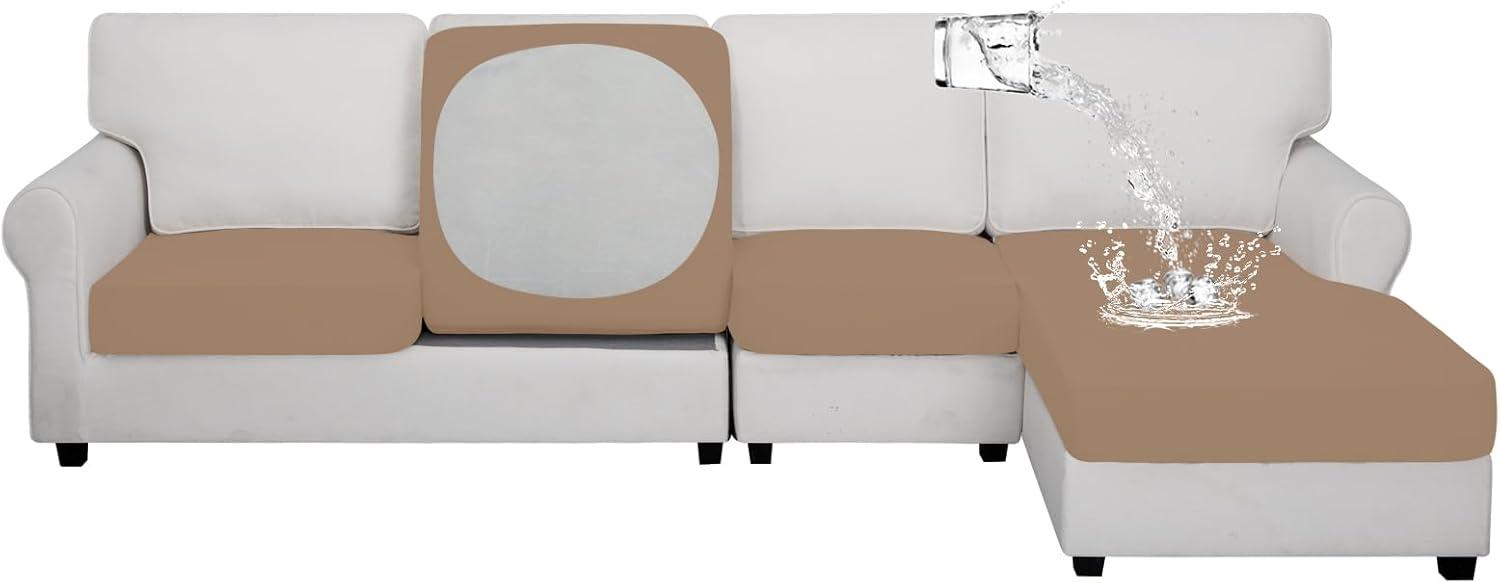 image:imageEasyGoing 100 Waterproof 4 Pieces Couch Cushion Covers for Sectional Sofa LeftRight L Shape Chaise Lounge Sofa Seat slipcover AntiSlip Sofa Cover 3 Seater 1 Chaise Dark GrayCamel