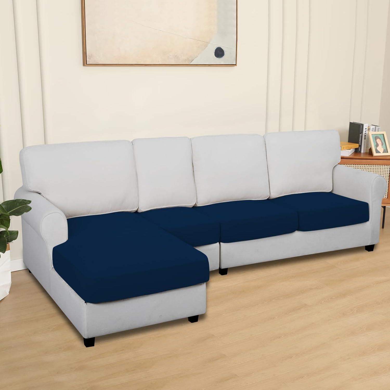 image:imageEasyGoing 100 Waterproof 4 Pieces Couch Cushion Covers for Sectional Sofa LeftRight L Shape Chaise Lounge Sofa Seat slipcover AntiSlip Sofa Cover 3 Seater 1 Chaise Dark GrayNavy
