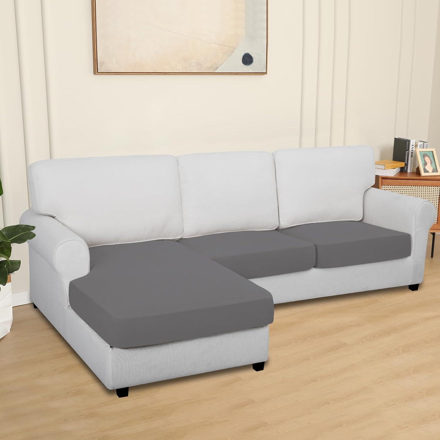 image:imageEasyGoing 100 Waterproof 4 Pieces Couch Cushion Covers for Sectional Sofa LeftRight L Shape Chaise Lounge Sofa Seat slipcover AntiSlip Sofa Cover 3 Seater 1 Chaise Dark GrayLight Gray