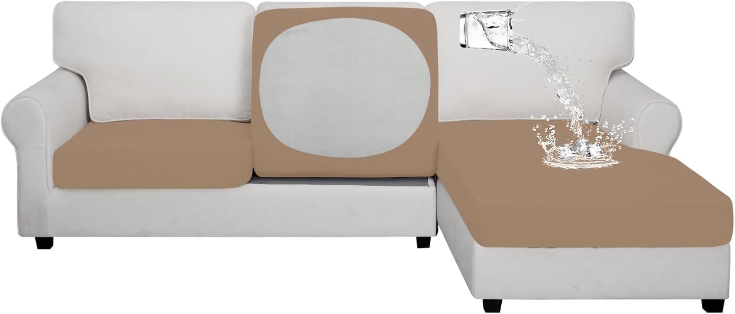 image:imageEasyGoing 100 Waterproof 4 Pieces Couch Cushion Covers for Sectional Sofa LeftRight L Shape Chaise Lounge Sofa Seat slipcover AntiSlip Sofa Cover 3 Seater 1 Chaise Dark GrayCamel