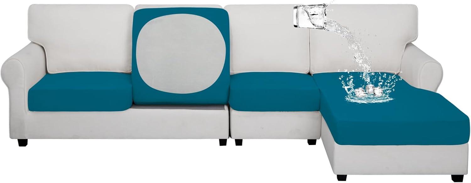 image:imageEasyGoing 100 Waterproof 4 Pieces Couch Cushion Covers for Sectional Sofa LeftRight L Shape Chaise Lounge Sofa Seat slipcover AntiSlip Sofa Cover 3 Seater 1 Chaise Dark GrayPeacock Blue