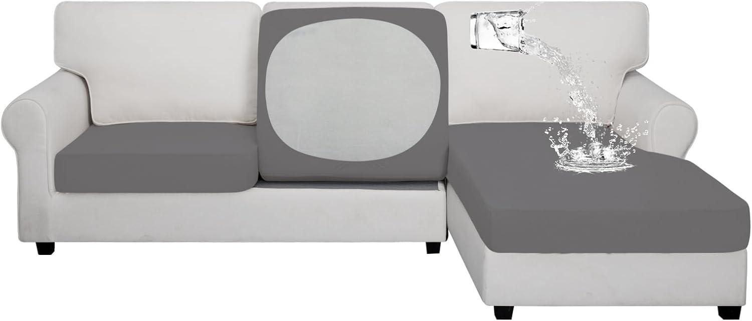 image:imageEasyGoing 100 Waterproof 4 Pieces Couch Cushion Covers for Sectional Sofa LeftRight L Shape Chaise Lounge Sofa Seat slipcover AntiSlip Sofa Cover 3 Seater 1 Chaise Dark GrayLight Gray