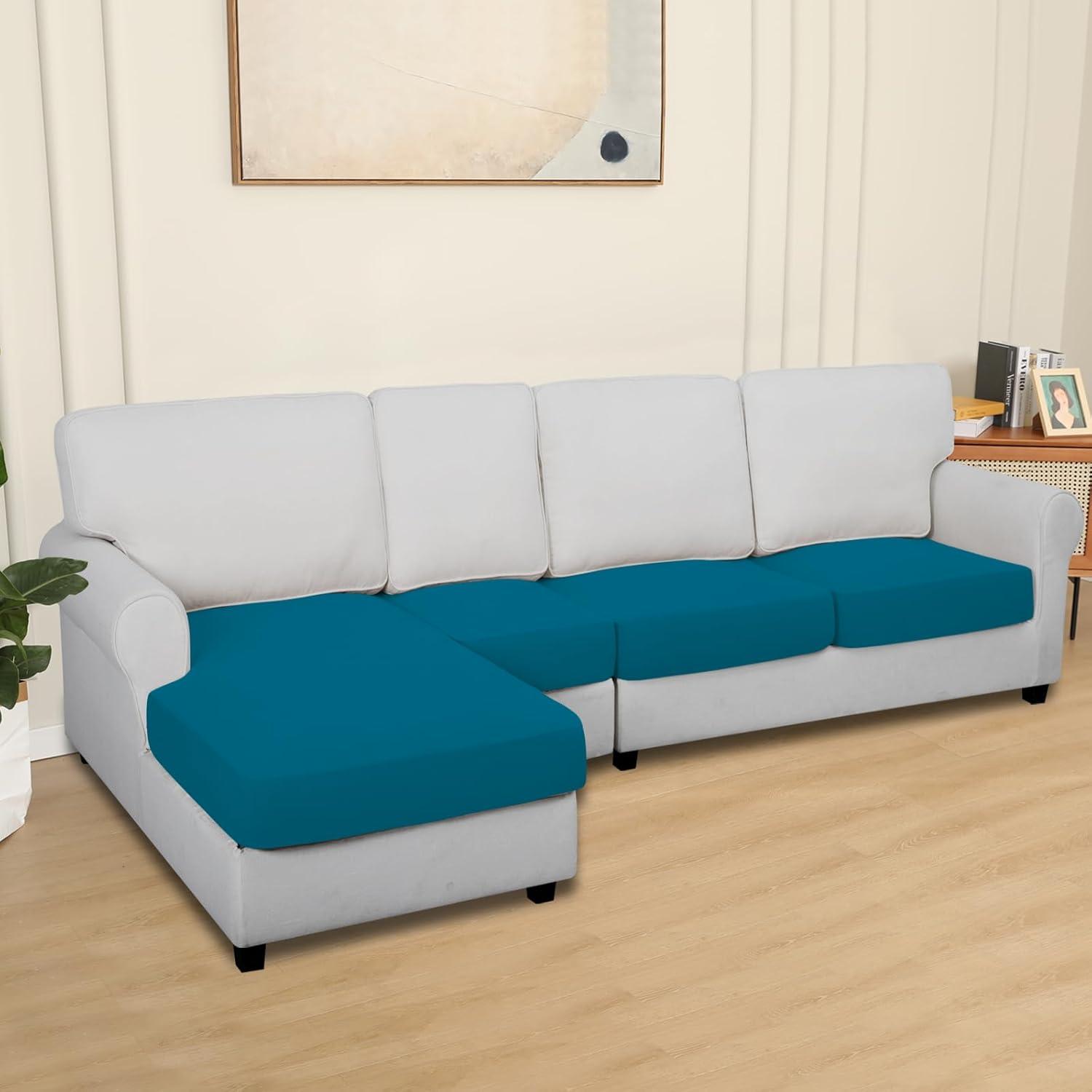 image:imageEasyGoing 100 Waterproof 4 Pieces Couch Cushion Covers for Sectional Sofa LeftRight L Shape Chaise Lounge Sofa Seat slipcover AntiSlip Sofa Cover 3 Seater 1 Chaise Dark GrayPeacock Blue