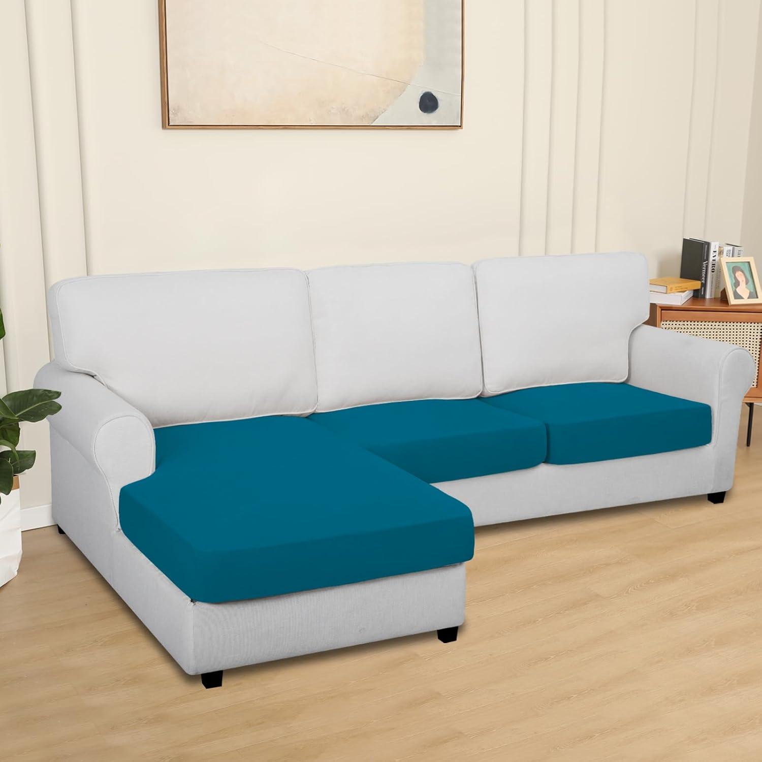 image:imageEasyGoing 100 Waterproof 4 Pieces Couch Cushion Covers for Sectional Sofa LeftRight L Shape Chaise Lounge Sofa Seat slipcover AntiSlip Sofa Cover 3 Seater 1 Chaise Dark GrayPeacock Blue
