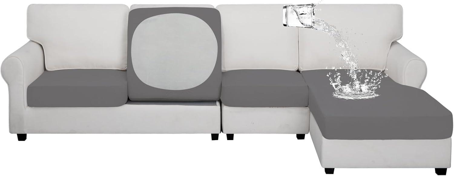 image:imageEasyGoing 100 Waterproof 4 Pieces Couch Cushion Covers for Sectional Sofa LeftRight L Shape Chaise Lounge Sofa Seat slipcover AntiSlip Sofa Cover 3 Seater 1 Chaise Dark GrayLight Gray