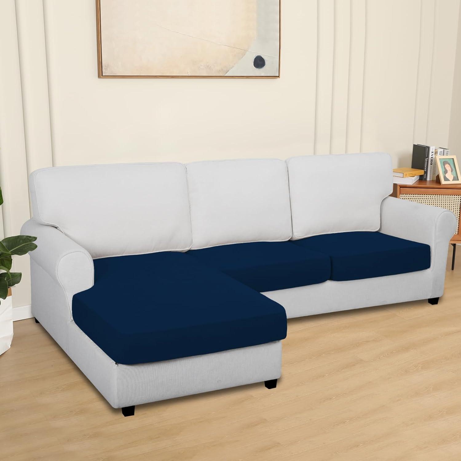 image:imageEasyGoing 100 Waterproof 4 Pieces Couch Cushion Covers for Sectional Sofa LeftRight L Shape Chaise Lounge Sofa Seat slipcover AntiSlip Sofa Cover 3 Seater 1 Chaise Dark GrayNavy