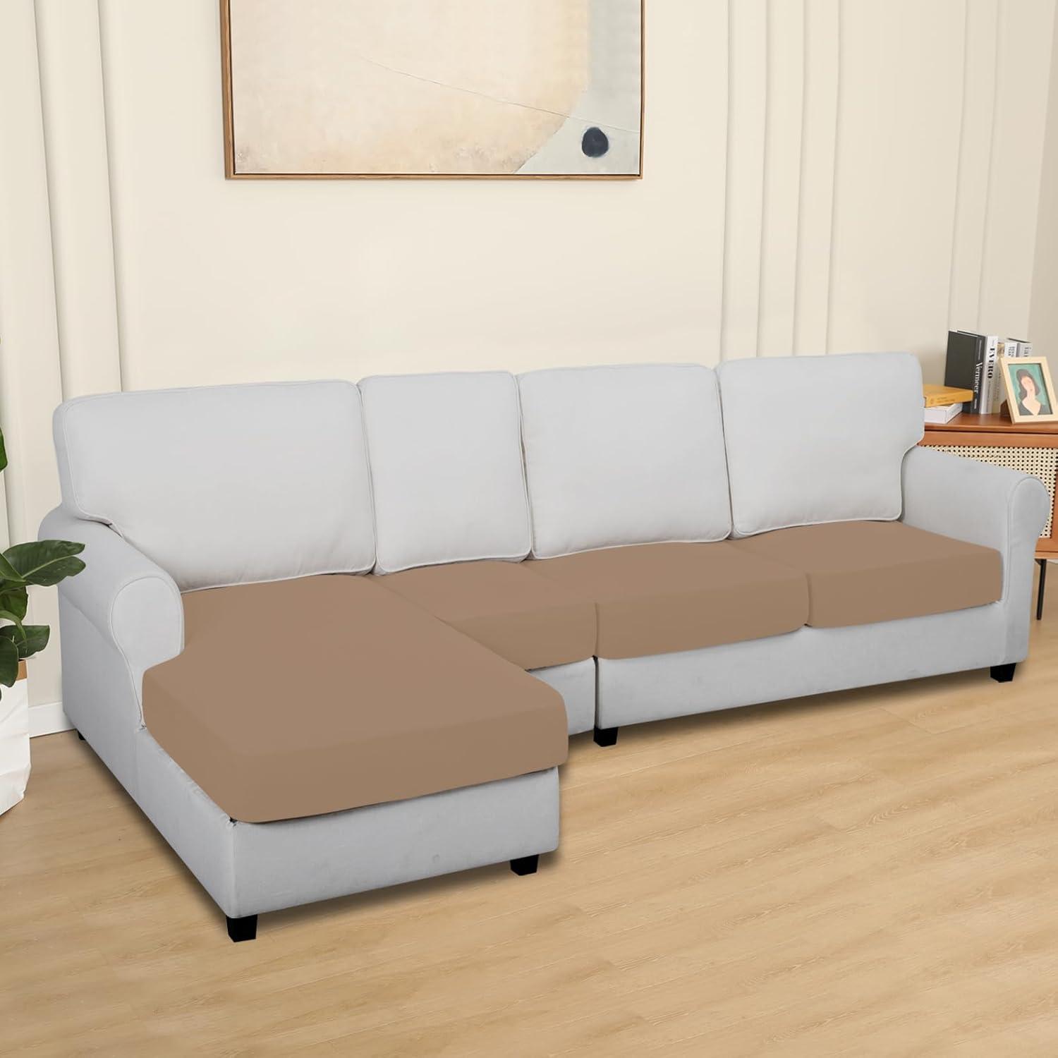 image:imageEasyGoing 100 Waterproof 4 Pieces Couch Cushion Covers for Sectional Sofa LeftRight L Shape Chaise Lounge Sofa Seat slipcover AntiSlip Sofa Cover 3 Seater 1 Chaise Dark GrayCamel