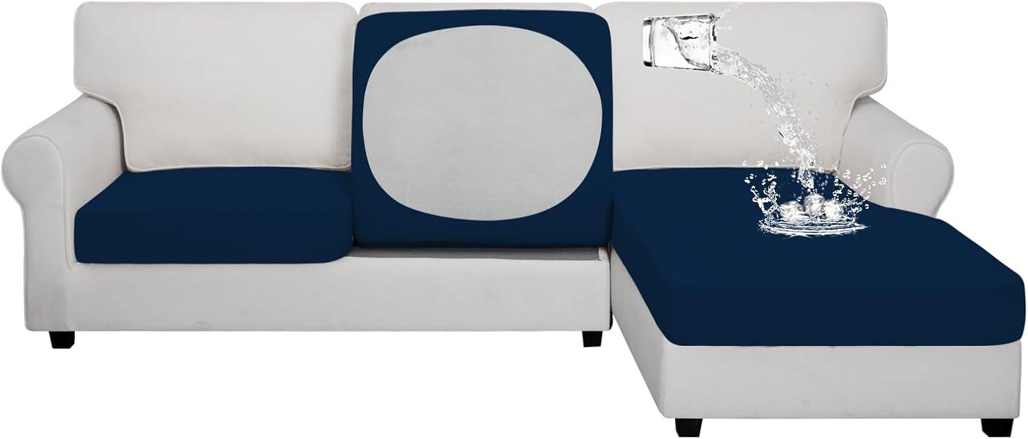 image:imageEasyGoing 100 Waterproof 4 Pieces Couch Cushion Covers for Sectional Sofa LeftRight L Shape Chaise Lounge Sofa Seat slipcover AntiSlip Sofa Cover 3 Seater 1 Chaise Dark GrayNavy