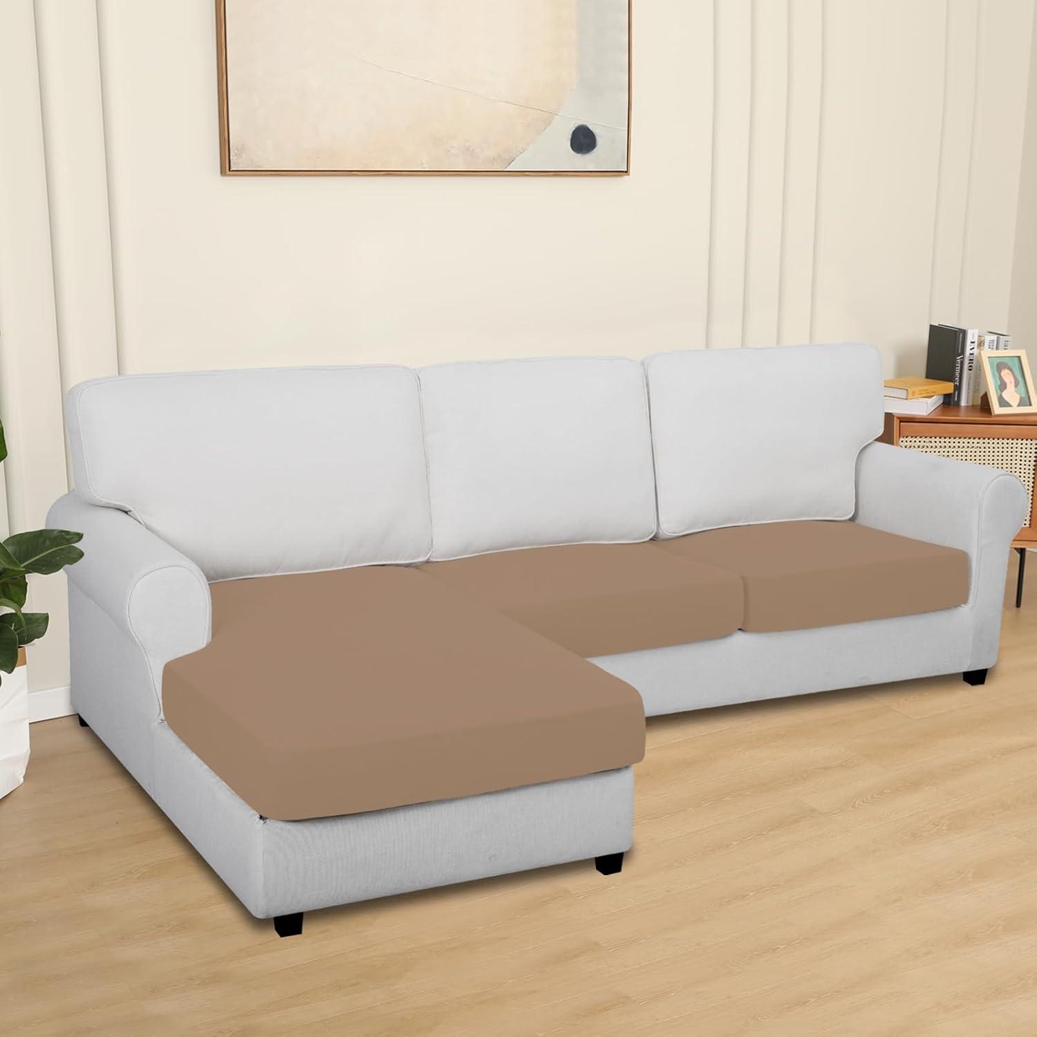 image:imageEasyGoing 100 Waterproof 4 Pieces Couch Cushion Covers for Sectional Sofa LeftRight L Shape Chaise Lounge Sofa Seat slipcover AntiSlip Sofa Cover 3 Seater 1 Chaise Dark GrayCamel